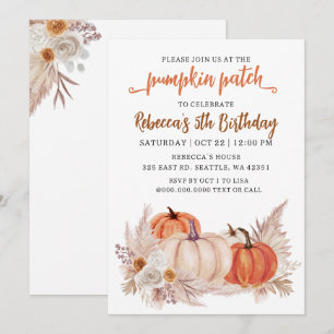 Rustic Pampas Orange Pumpkin Patch Fall Birthday Invitation