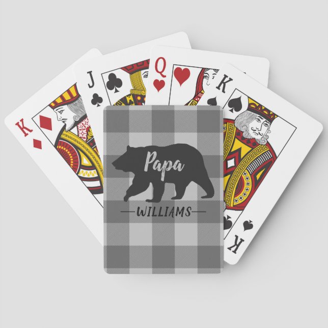 Rustic Papa Bear Buffalo Plaid Monogram Name Playing Cards (Back)