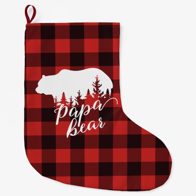 Rustic Papa Bear Red & Black Buffalo Plaid Large Christmas Stocking (Front)