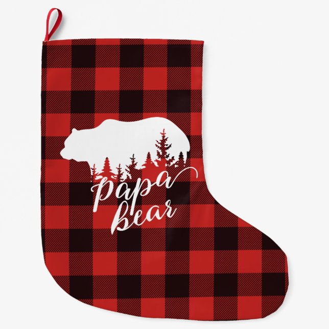 Rustic Papa Bear Red & Black Buffalo Plaid Large Christmas Stocking (Front)