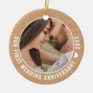 Rustic Paper 1st Wedding Anniversary Couple Photo  Ceramic Tree Decoration