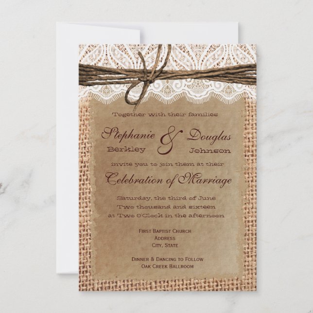 Rustic Paper Burlap Lace Print Wedding Invitations (Front)
