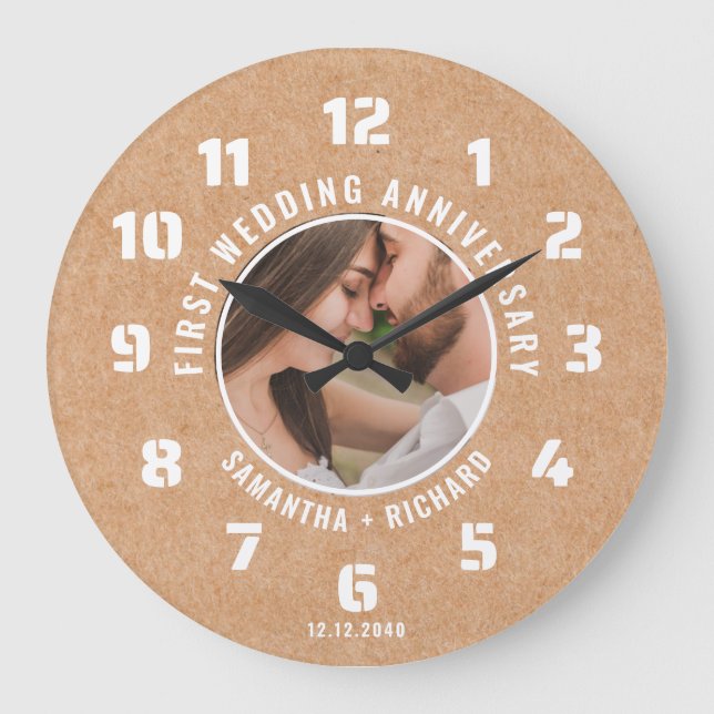 Rustic Paper First Wedding Anniversary Photo Large Clock (Front)