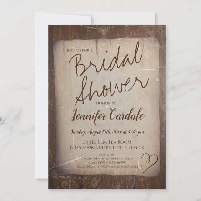 Rustic Paper Vintage Country Heart Bridal Shower Invitation (Front)