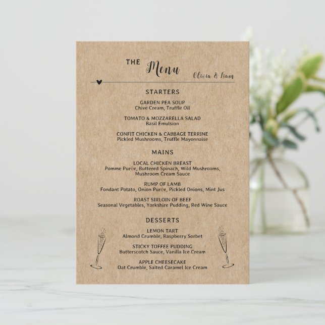 Rustic Paper Wedding Table Flat Menu Card  (Standing Front)
