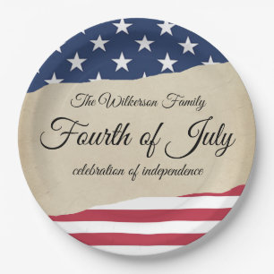 Rustic Parchment and American Flag Fourth of July Paper Plate