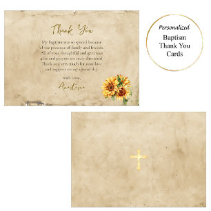 Rustic Parchment Sunflowers Orthodox Baptism       Thank You Card
