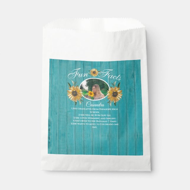 Rustic Party Fun Fact Sunflower Teal Wood Favour Bags (Front)