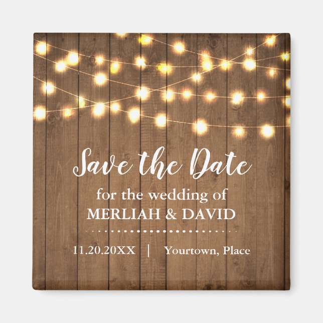 Rustic Party Lights Faux Wood Save the Date Magnet (Front)