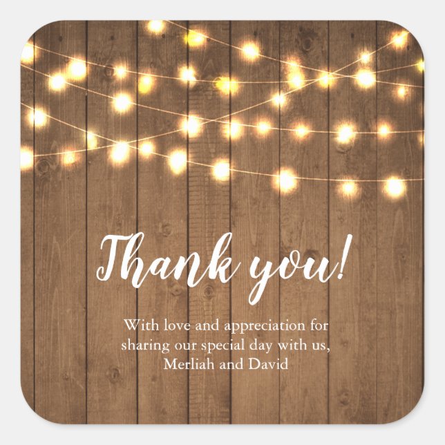 Rustic Party Lights Faux Wood Thank You Square Sticker (Front)
