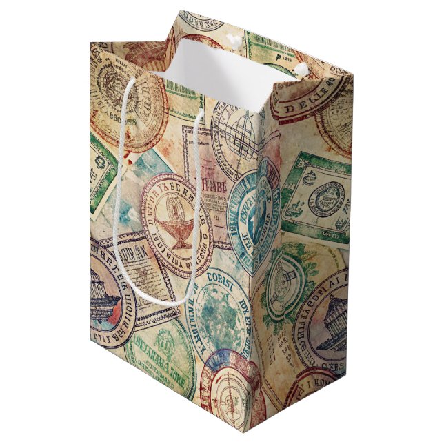 Rustic Passport Stamp Travel Pattern (1) Medium Gift Bag (Front Angled)