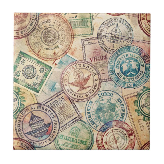 Rustic Passport Stamp Travel Pattern (1) Tile (Front)