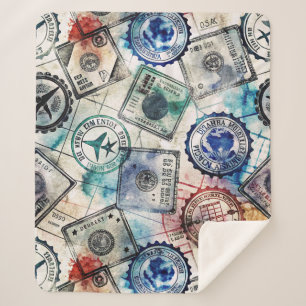 Rustic Passport Stamp Travel Pattern (2) Sherpa Blanket