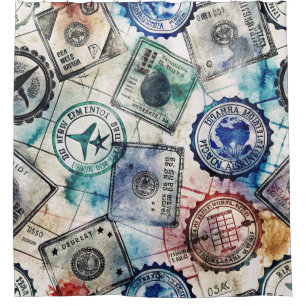 Rustic Passport Stamp Travel Pattern (2) Shower Curtain