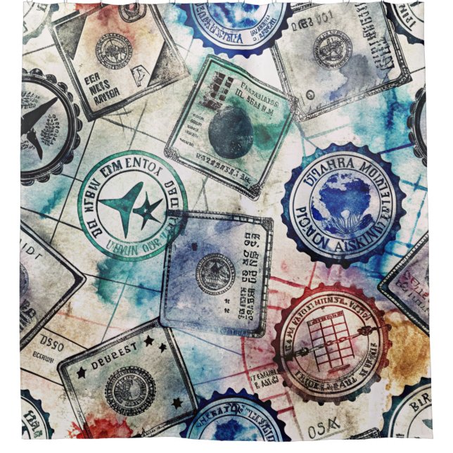 Rustic Passport Stamp Travel Pattern (2) Shower Curtain (Front)