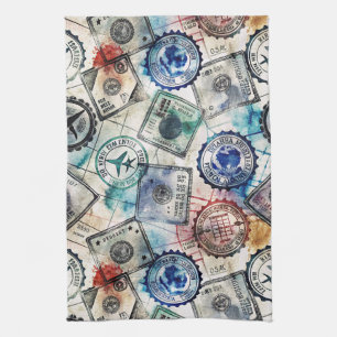 Rustic Passport Stamp Travel Pattern (2) Tea Towel