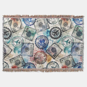 Rustic Passport Stamp Travel Pattern (2) Throw Blanket