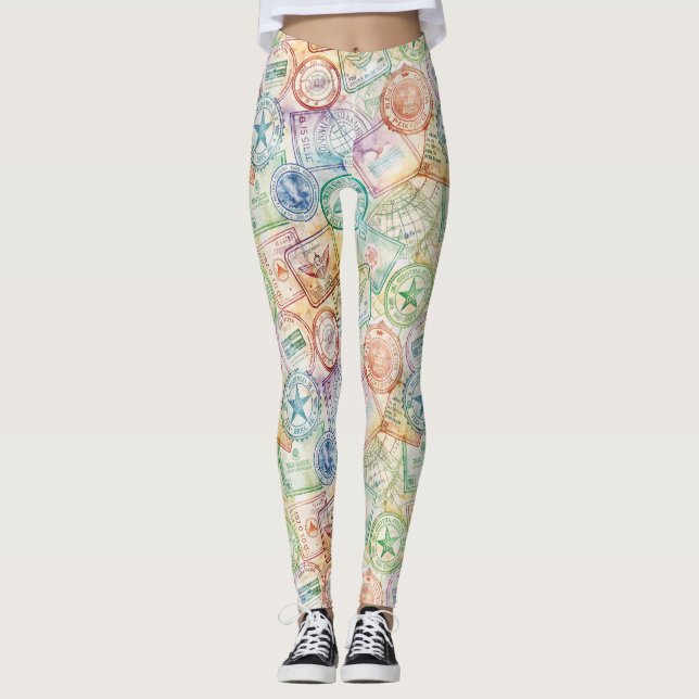 Rustic Passport Stamp Travel Pattern (3) Leggings (Front)