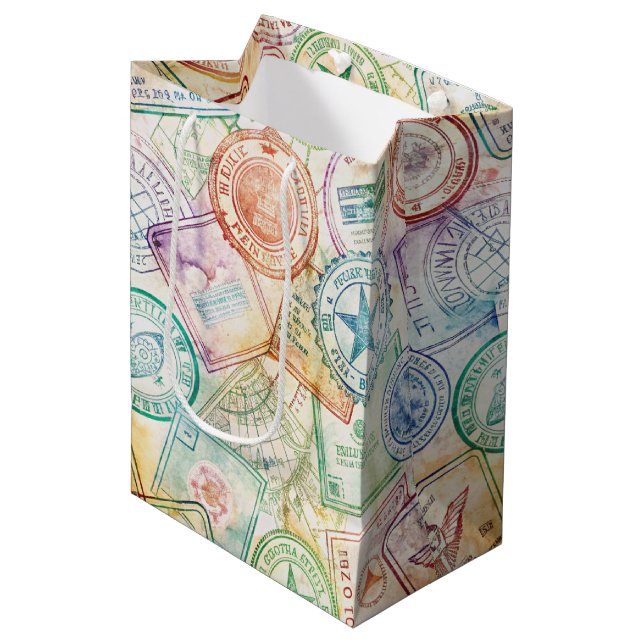 Rustic Passport Stamp Travel Pattern (3) Medium Gift Bag (Front Angled)