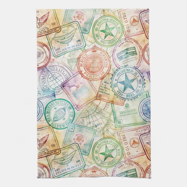 Rustic Passport Stamp Travel Pattern (3) Tea Towel (Vertical)