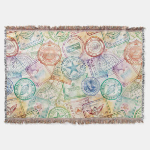 Rustic Passport Stamp Travel Pattern (3) Throw Blanket