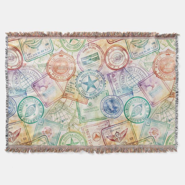 Rustic Passport Stamp Travel Pattern (3) Throw Blanket (Front)