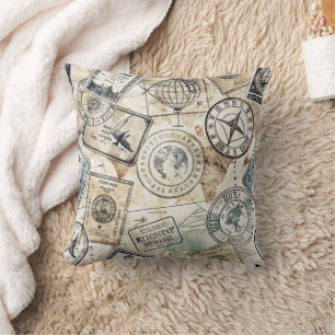 Rustic Passport Stamp Travel Pattern (4) Cushion