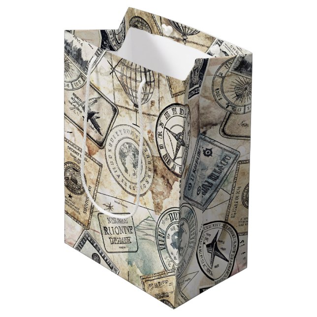 Rustic Passport Stamp Travel Pattern (4) Medium Gift Bag (Front Angled)