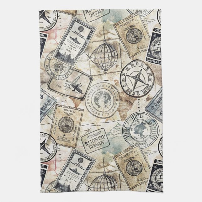 Rustic Passport Stamp Travel Pattern (4) Tea Towel (Vertical)