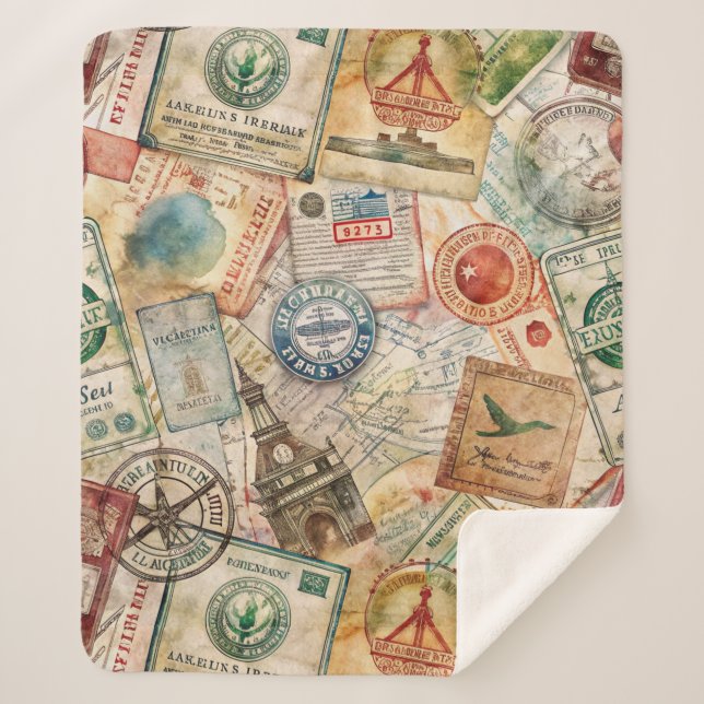 Rustic Passport Stamp Travel Pattern (5) Sherpa Blanket (Front)