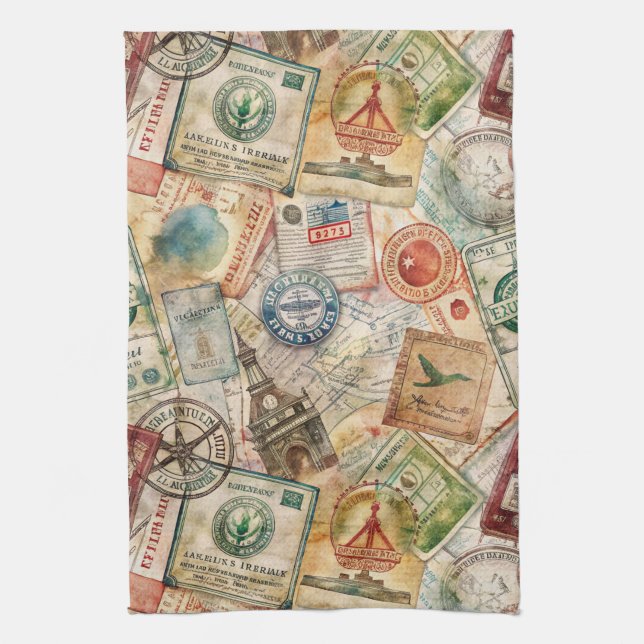 Rustic Passport Stamp Travel Pattern (5) Tea Towel (Vertical)