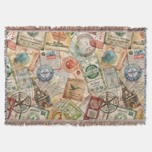 Rustic Passport Stamp Travel Pattern (5) Throw Blanket (Front)