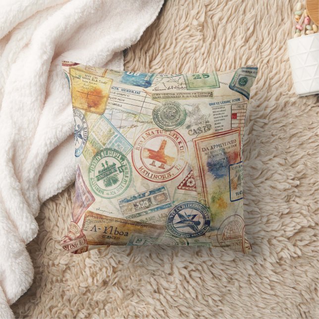 Rustic Passport Stamp Travel Pattern (6) Cushion (Blanket)