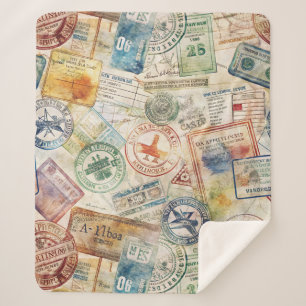 Rustic Passport Stamp Travel Pattern (6) Sherpa Blanket