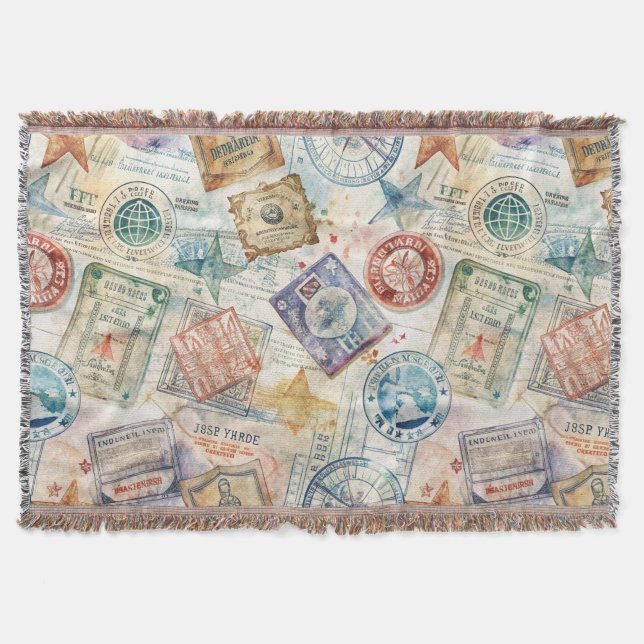 Rustic Passport Stamp Travel Pattern (7) Throw Blanket (Front)