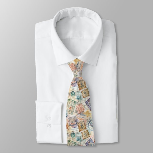 Rustic Passport Stamp Travel Pattern (7) Tie (Tied)