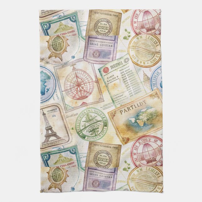 Rustic Passport Stamp Travel Pattern (8) Tea Towel (Vertical)