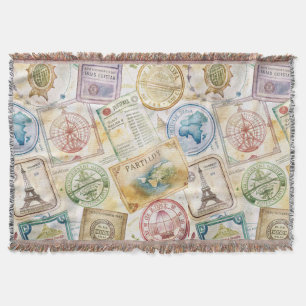 Rustic Passport Stamp Travel Pattern (8) Throw Blanket