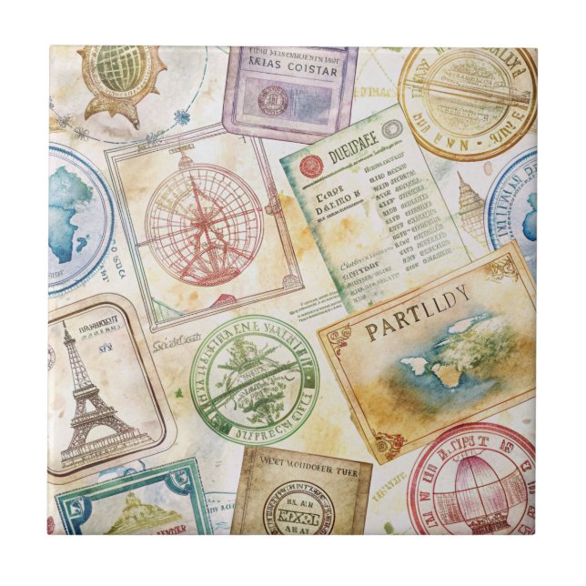 Rustic Passport Stamp Travel Pattern (8) Tile (Front)