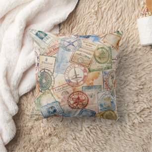 Rustic Passport Stamp Travel Pattern (9) Cushion