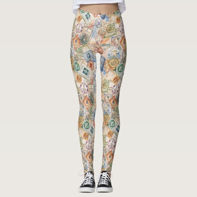 Rustic Passport Stamp Travel Pattern (9) Leggings (Front)