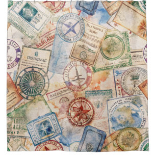 Rustic Passport Stamp Travel Pattern (9) Shower Curtain