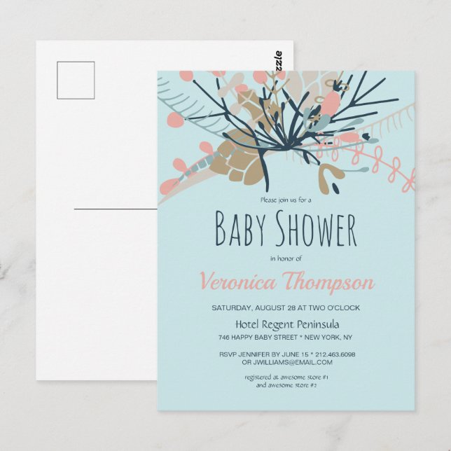 Rustic Pastel Blue Botanical Baby Shower Invite Postcard (Front/Back)