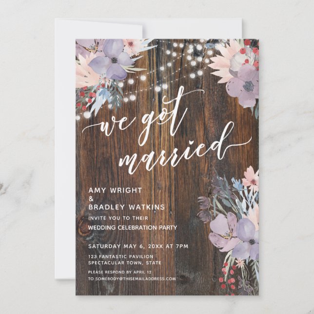 Rustic Pastel Flowers & Lights We Got Married Invitation (Front)