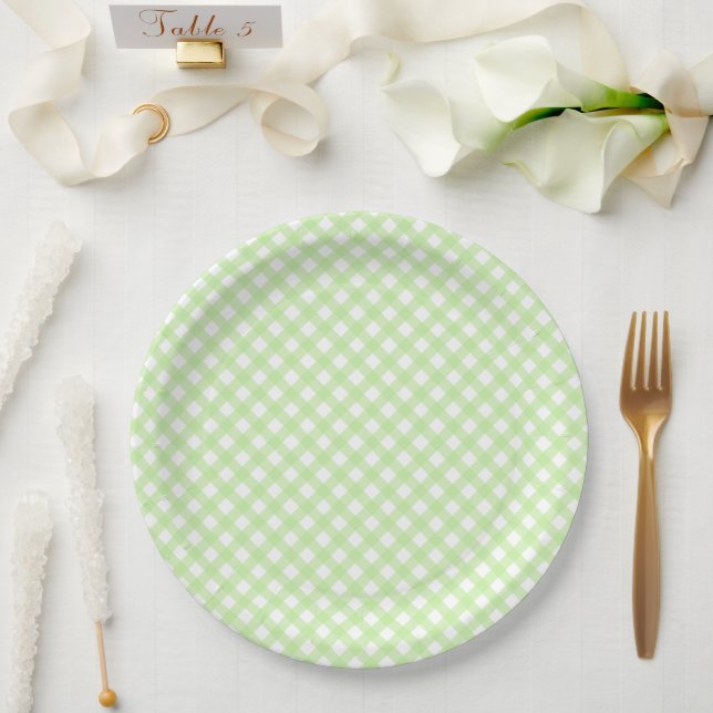 Rustic, Pastel Green Gingham Pattern Paper Plate (Wedding)