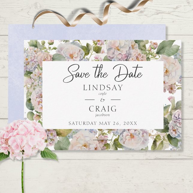 Rustic Pastel Hydrangea Floral Monogram White Save The Date (Creator Uploaded)