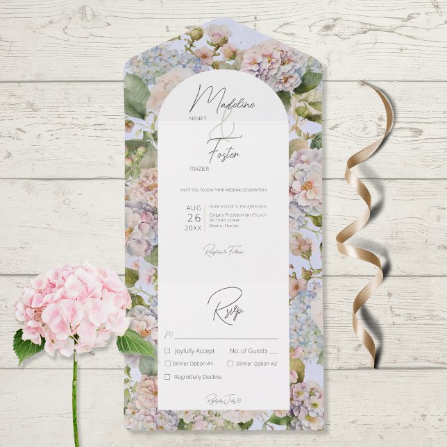 Rustic Pastel Hydrangeas Periwinkle Arch Dinner All In One Invitation (Creator Uploaded)