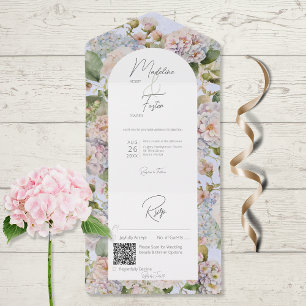 Rustic Pastel Hydrangeas Periwinkle Arch QR Code All In One Invitation