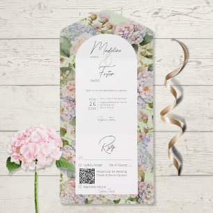 Rustic Pastel Hydrangeas Sage Green Arch QR Code All In One Invitation