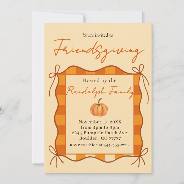 Rustic Pastel Orange Gingham Friendsgiving Invitation (Front)